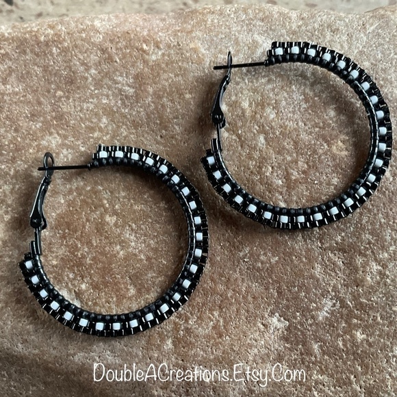 Black and White 1 1/4” Beaded Hoops, New, Handmade by Me - Picture 5 of 8